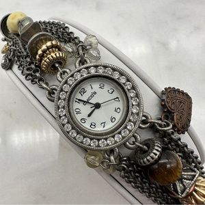 Chicos Charm Bracelet Watch, Heart, Stone, Beads, Brown and Silver Tones